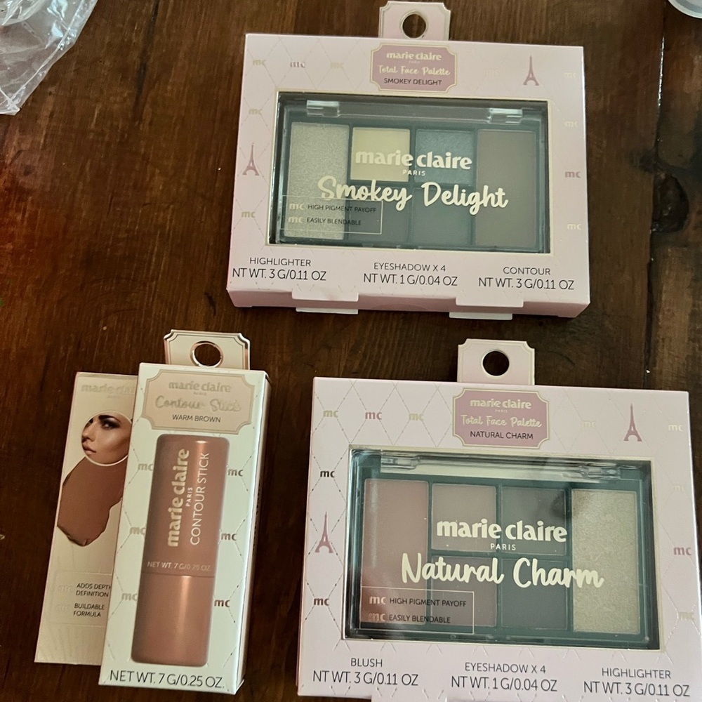 Marie Claire Makeup total face palette, highlighter, contour stick & eyeshadow.